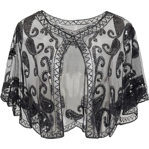 Accessories - Babeyond 1920s Shawl Wraps Beaded Evening Cape Bridal Shawl Cover Up (All Black)